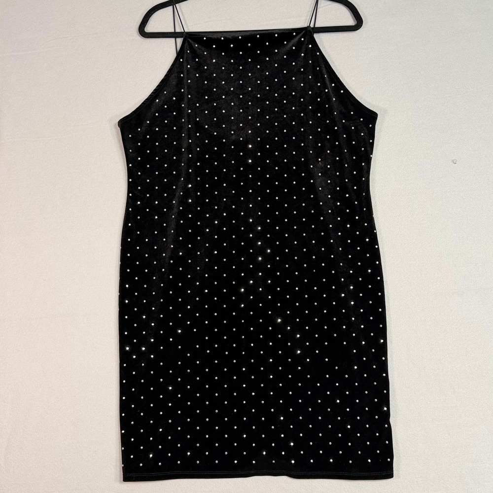 H&M Black Velvet Rhinestone Mini Dress XXL Spaghetti Strap Party Y2K Bodycon